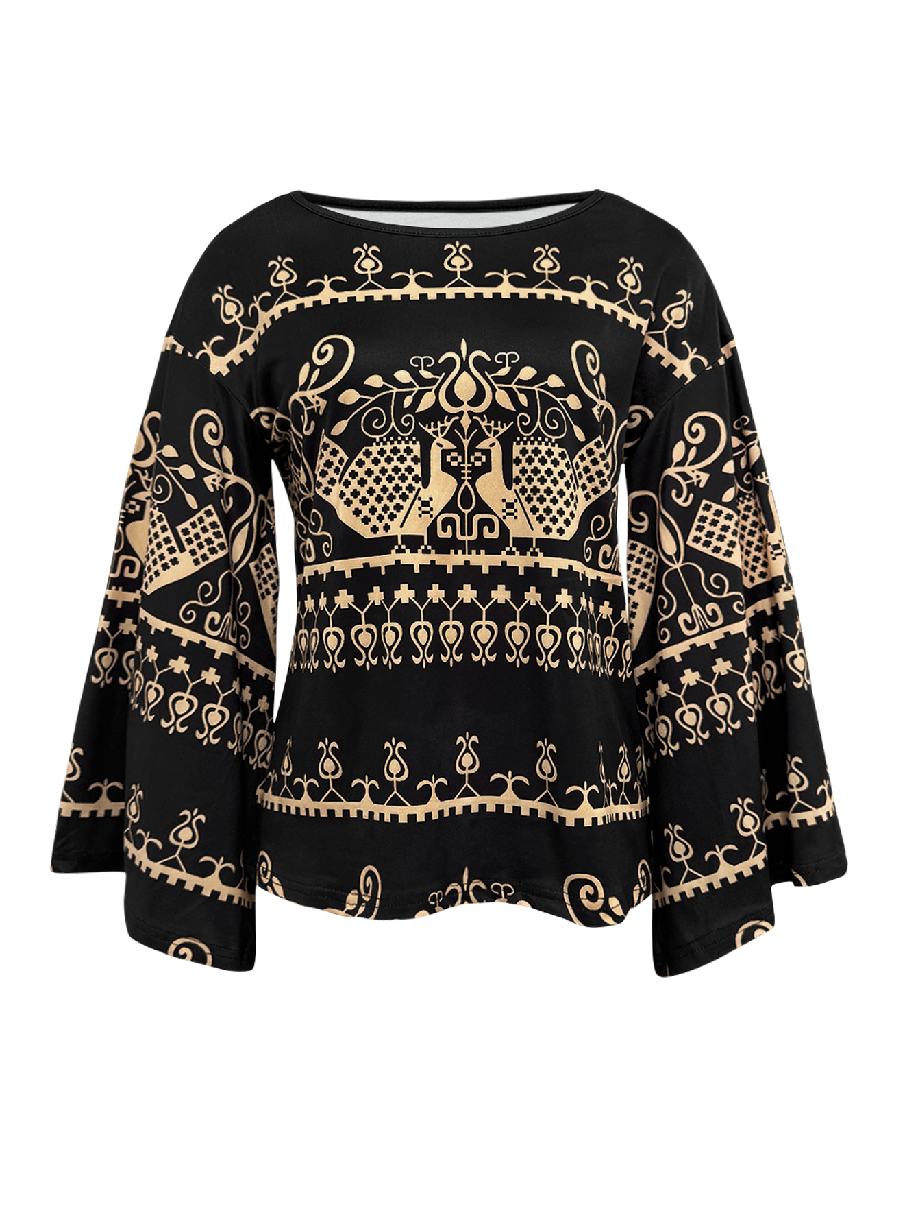 Autumn Winter Retro Ethnic Style Jacquard Batwing Sleeve Loose Crew Neck Cape Style Versatile Commute & Outing Women's Thin Top, Milk Silk Black 