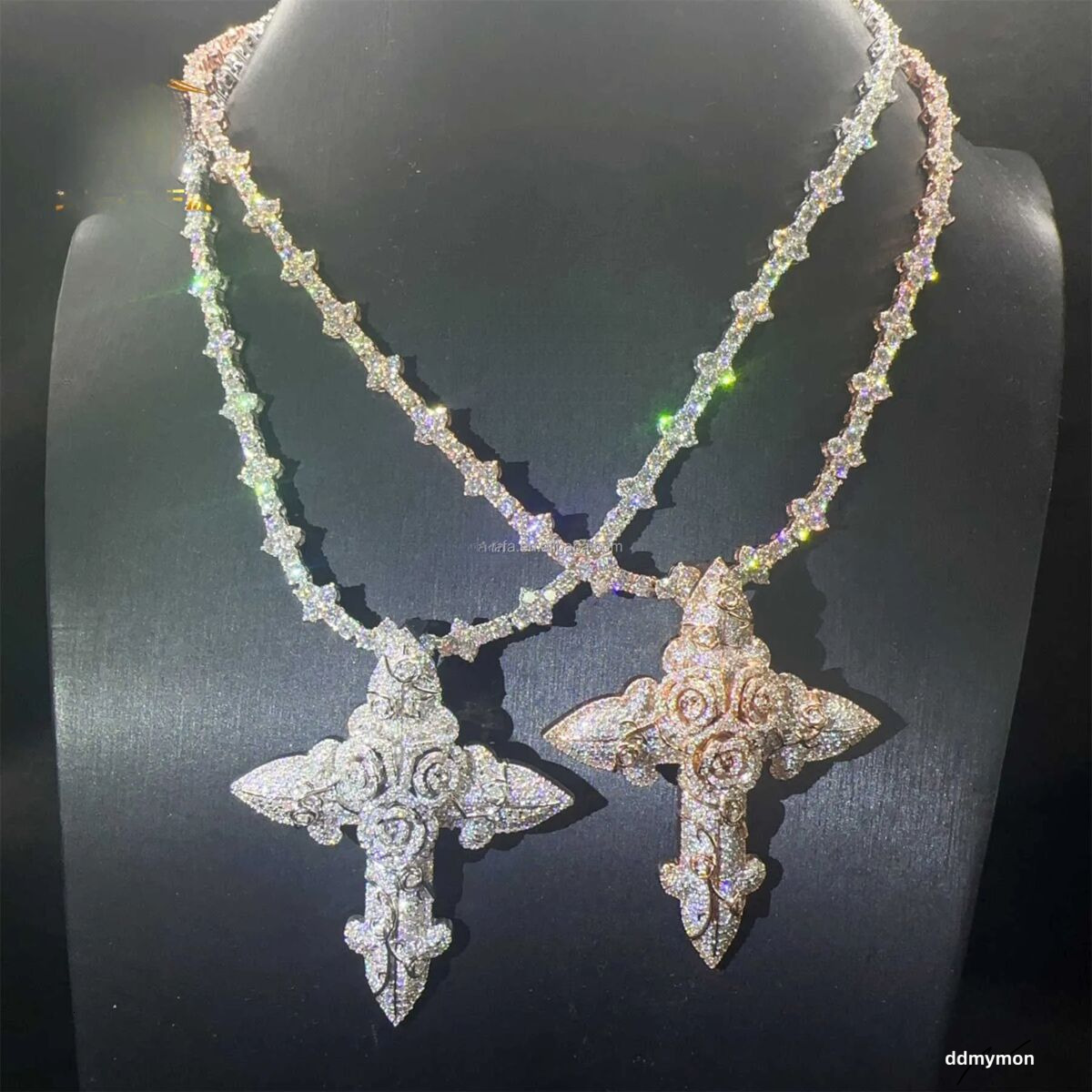 In Stock Fashion Man Jewelry Gold Color Hip Hop S Vvs1 Moissanite Dia Rose Flower Cross Pendant Necklace Set Ddmymon