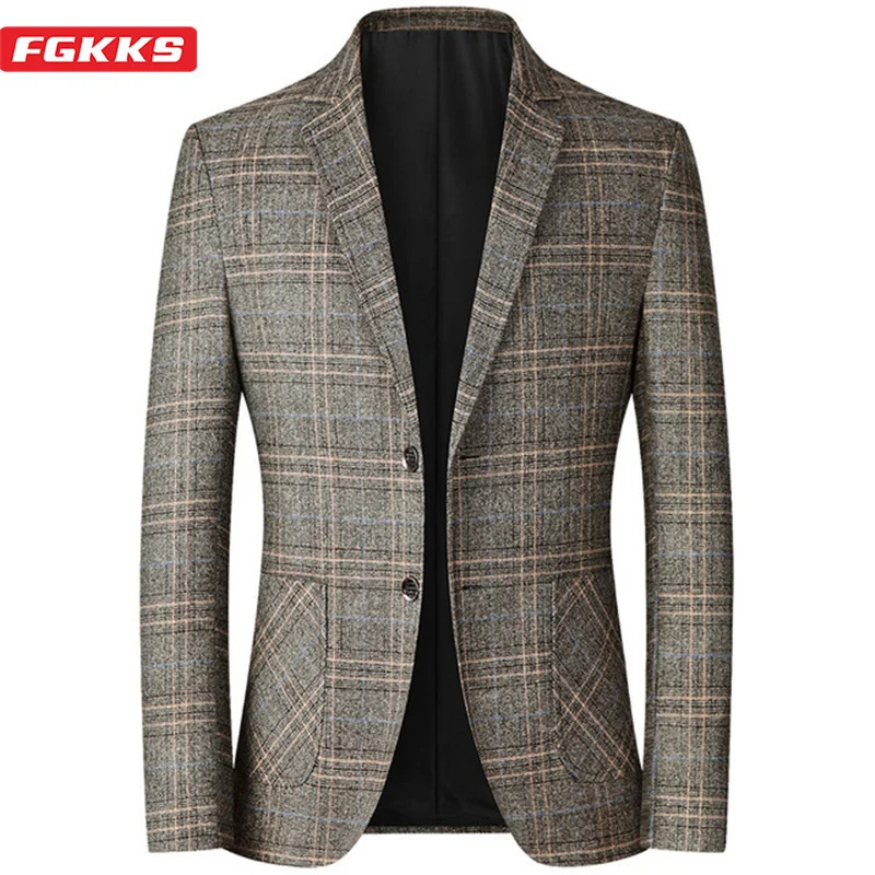 FGKKS Spring Autumn Blazers Men Slim Fit British Plaid Formal Suit Jacket Party Wedding Business Casual Blazers Male 251023