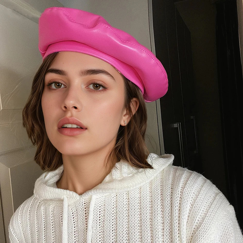 Rose red Berets Men Women Beret Unisex Caps Solid color PU Leather Beret Hat 251023