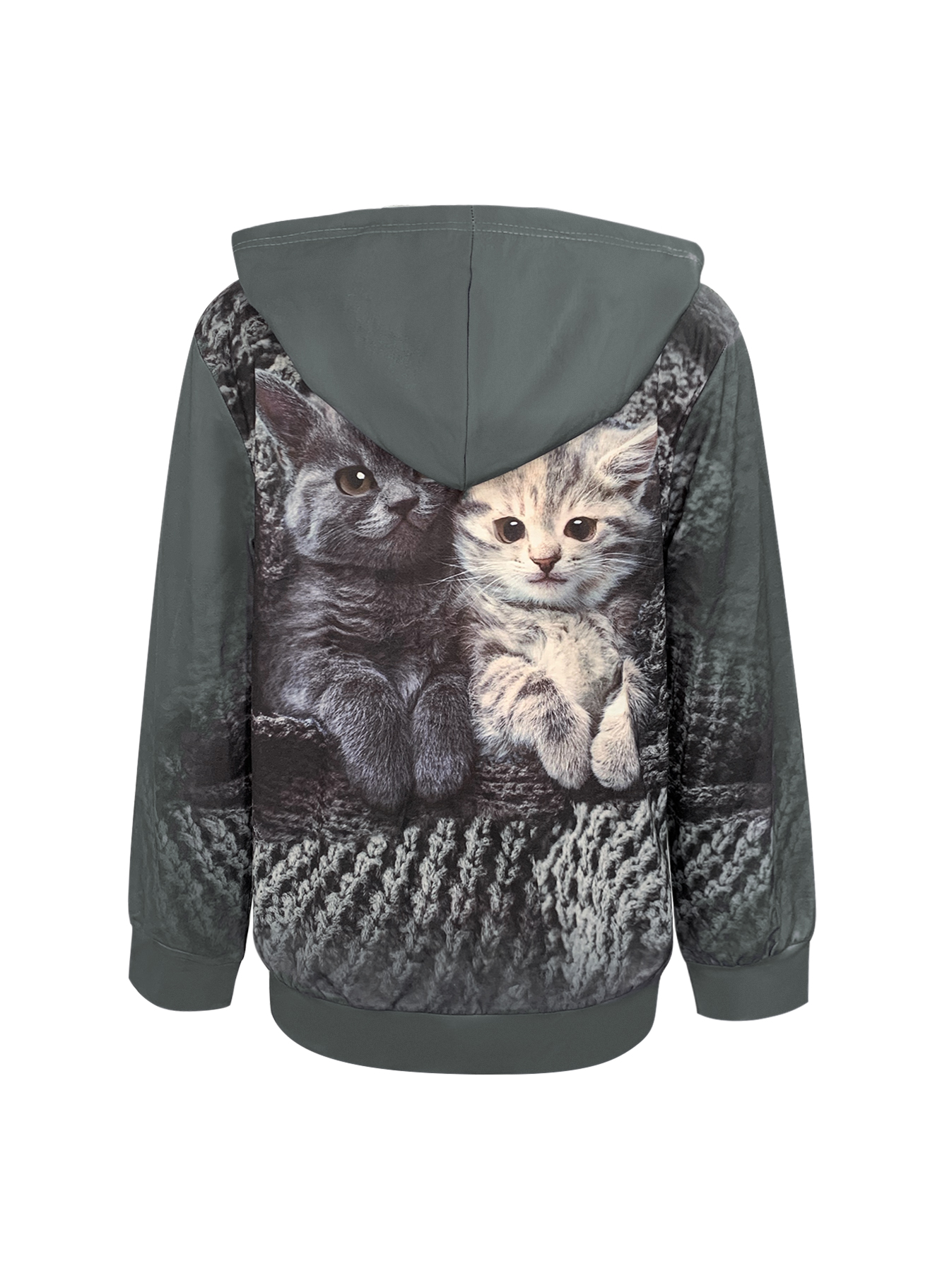 Autumn Winter New Retro Cat Printed Versatile Casual Zipper Hooded Jacket, Milk Silk Gray Hoodie, S-XXL--CF40322