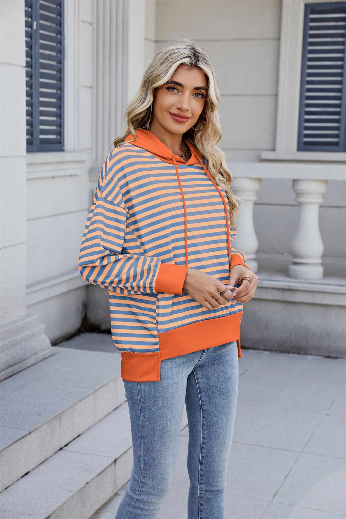 2025 Autumn and Winter New Loose Casual ColorBlock Striped Hoodie Sweatshirt for Women