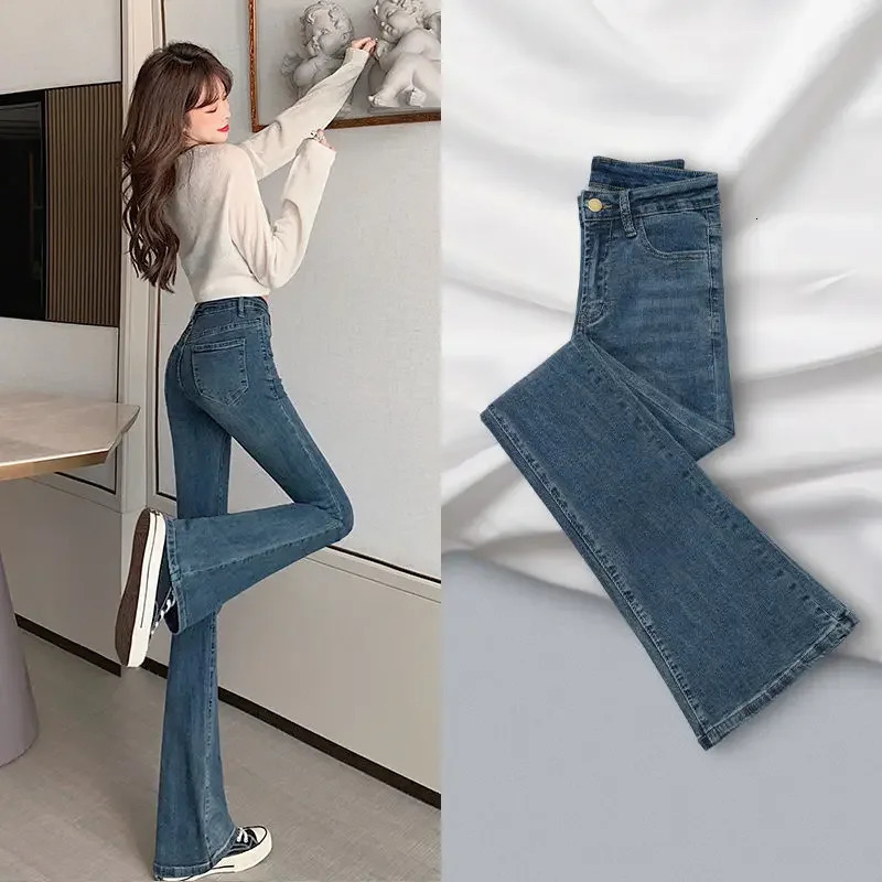 Slimming StraightLeg Denim Jeans Womens AutumnWinter Petite Blue Grey High Elasticity Micro Flare Shaping Smooth Silhouette 251023