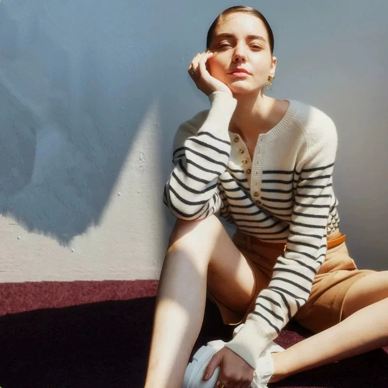 French crewneck sweater Womens halfopen neck breasted horizontal striped long sleeve pullover cashmere sweater loose knit top 251023