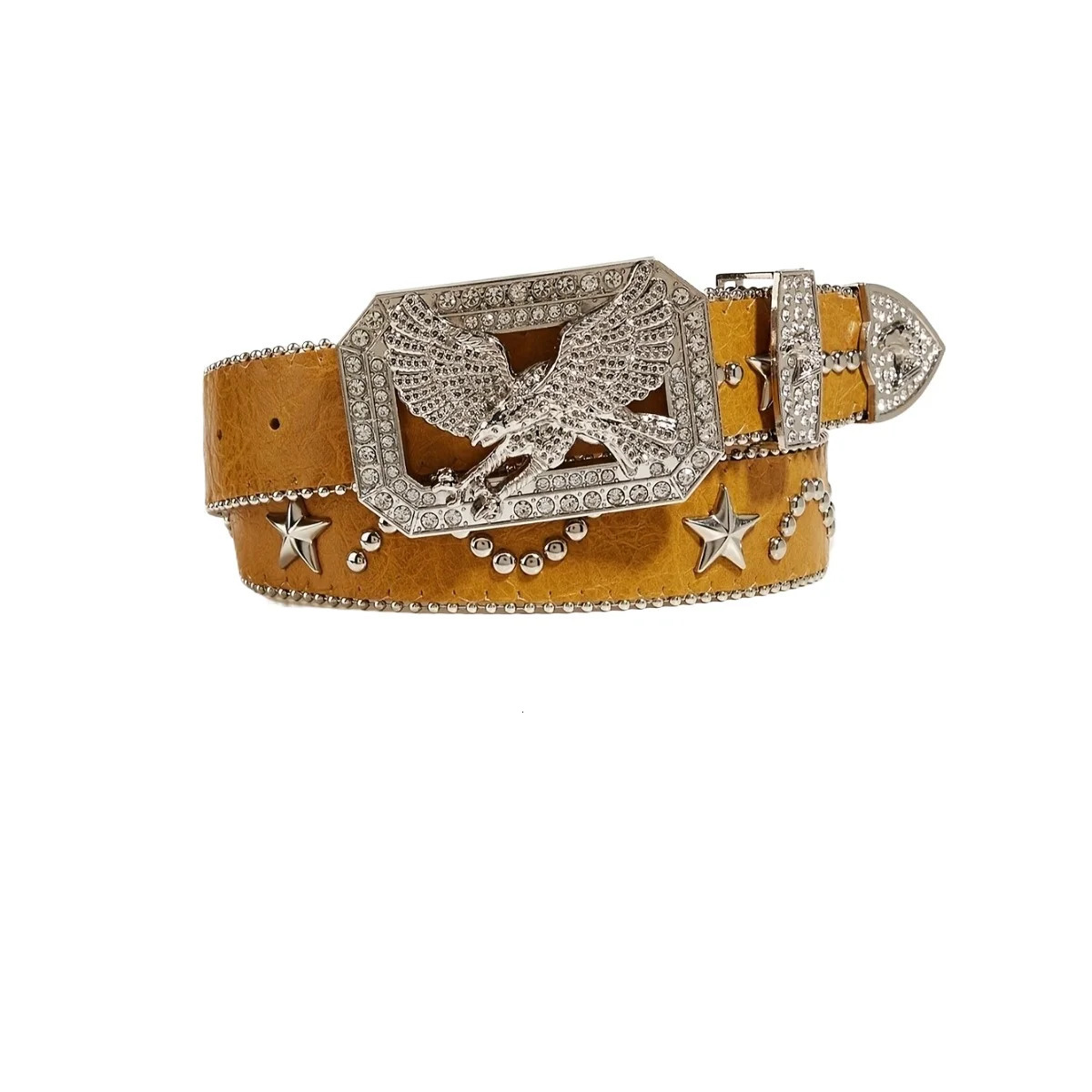 1pc Mens Yellow Y2k Punk Rhinestone Eagle Buckle Rivet Belt Jeans Versatile Decorative Belt 251024