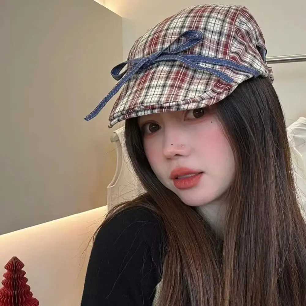 New Plaid Bowknot Berets Hat Flat Sweet Visor Hat Janese Style Duckbill Hat Y251025