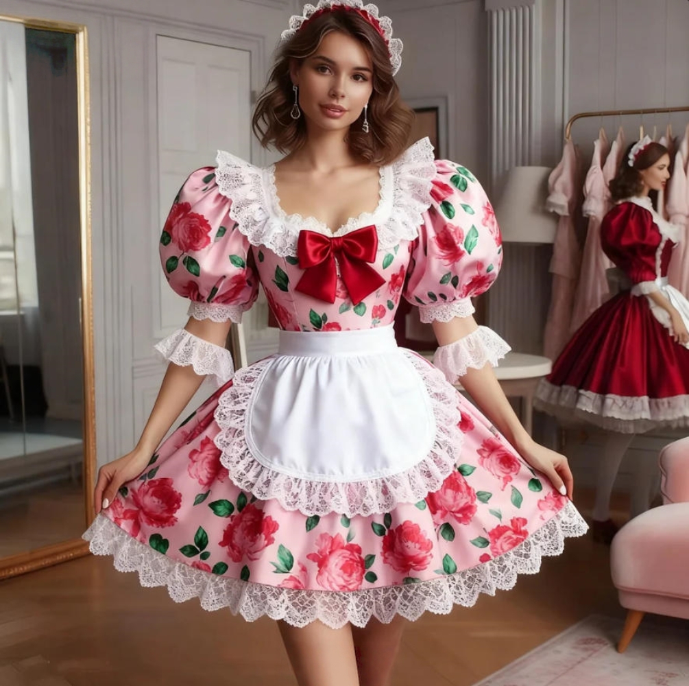 Floral Printed Pink Maid Prom Dresses Short Puff Sleeves Mini A-Line Cosplay Party Dress Special Occasion Wear With Bow