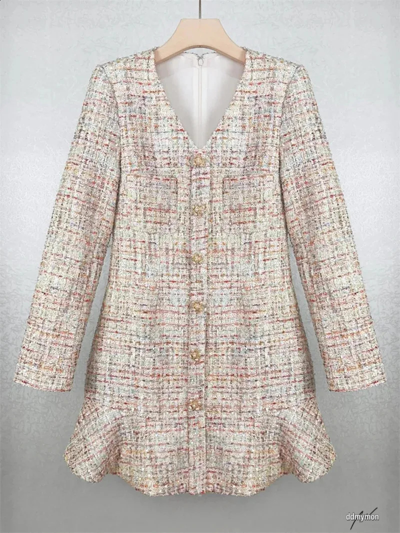 Dresses Women, Women's Tweed Mini - Elegant V-Neck Long Sleeve A-Line Ruffle Hem Short Dress For Autumn Fashion Ddmymon
