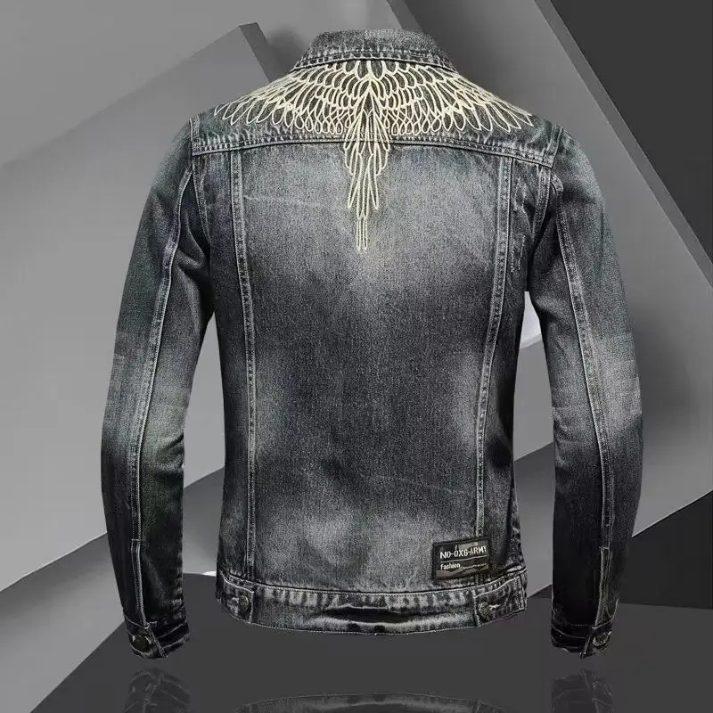 Mens retro denim jacket high street trendy embroidered lapel motorcycle loose casual fashion versatile mens clothing 251017