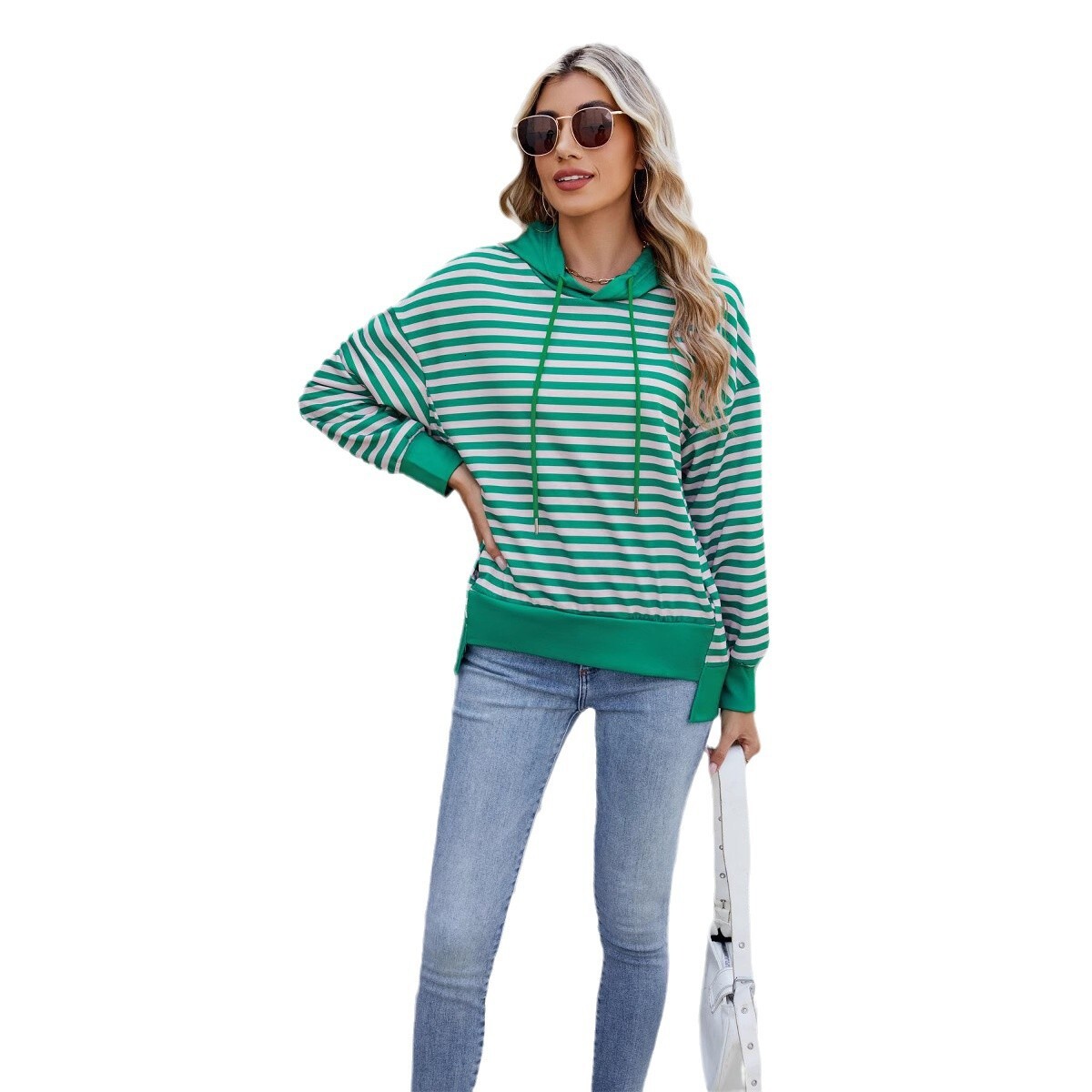 2025 Spring Summer New Loose Striped Sweatshirt Color Block Irregular Top