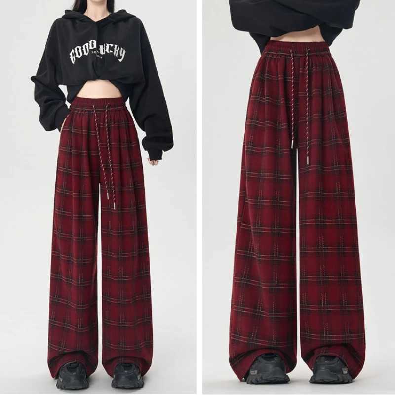 High Quality Woolen Plaid Pants for Women Autumn Winter Retro Wideleg Casual Pants Female Hip Pop Fleece Streetwear Pants 2025T251025