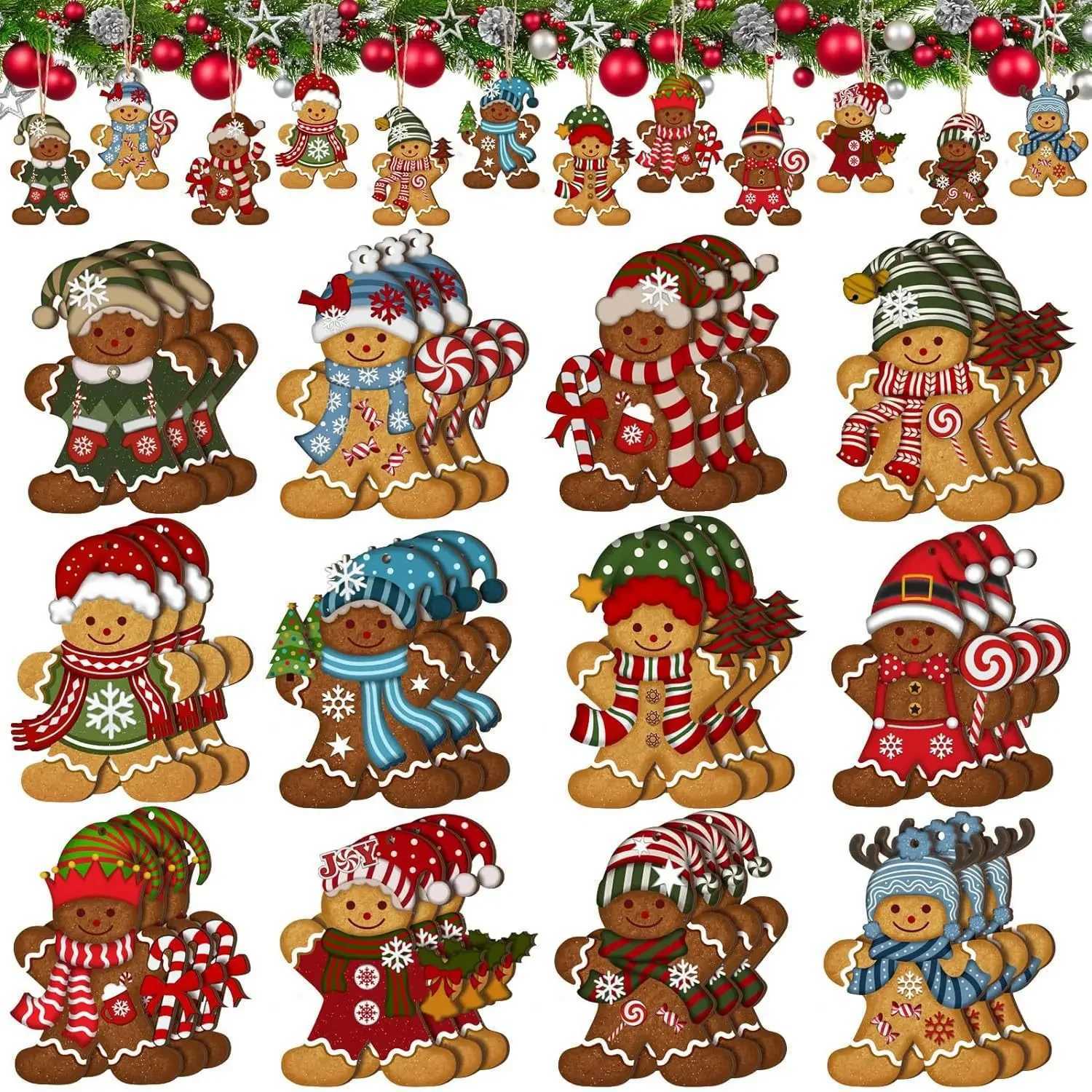 12pcsset Gingerbread Man Ornaments Christmas Tree Wooden Hanging Decorations Pendants Cute Cartoon Xmas DIY Hangings Home Decor C251024