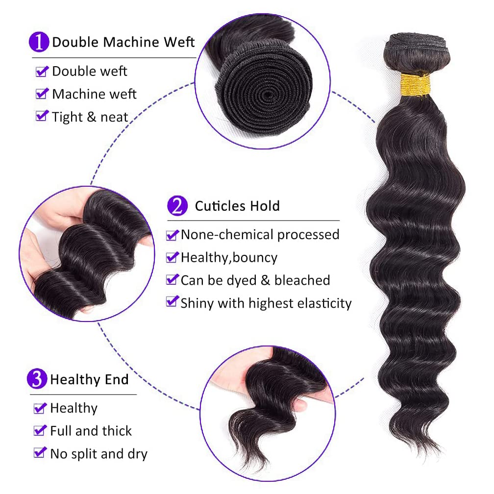 10A Grade Virgin Loose Wave Hair 1 Bundles 100% Unprocessed Virgin Remy Loose Deep Wave Human Hair Weave Bundles for Black Women Natural Color