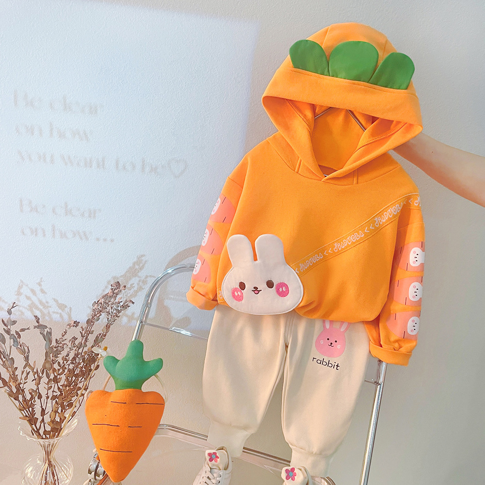 Free Shipping 2025 New Carrot Bunny Print Hooded Set, 2-Piece Fall Outfit for Girls Ages 1-5 | Cute Toddler Clothes with Hoodie