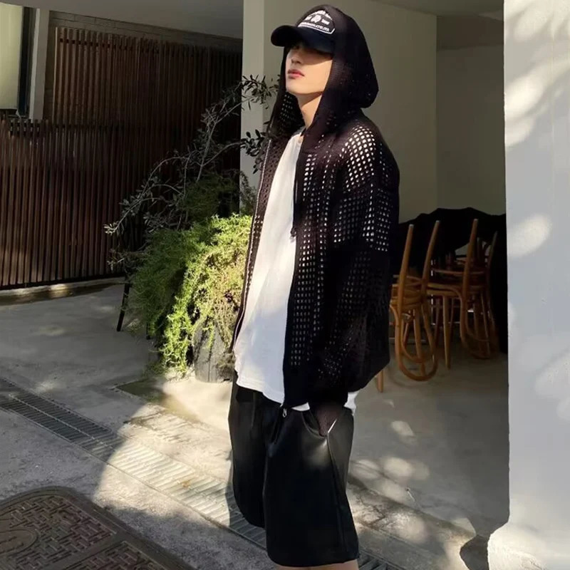 Mens Casual Hollow Coats Breathable Cardigan Sweater Summer Lightweight Hooded Knitted Top Korean Trendy Streetwear Clothe 251020
