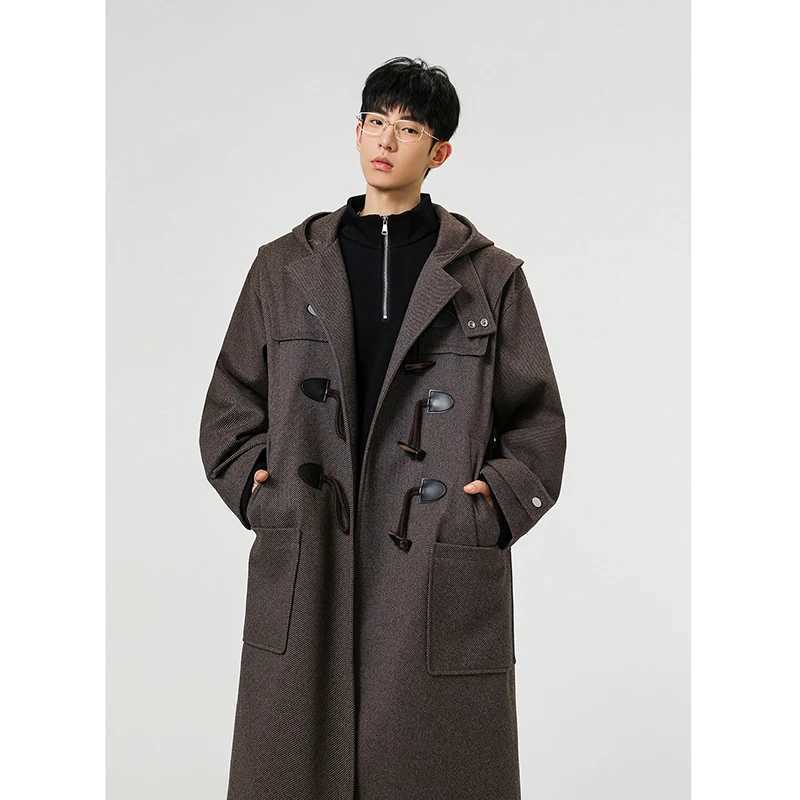 Coffee Color Mens Long Hooded Blend Trench Coat with Bullhorn Buttons Retro Midlength Windbreaker with Extended CoatT251025