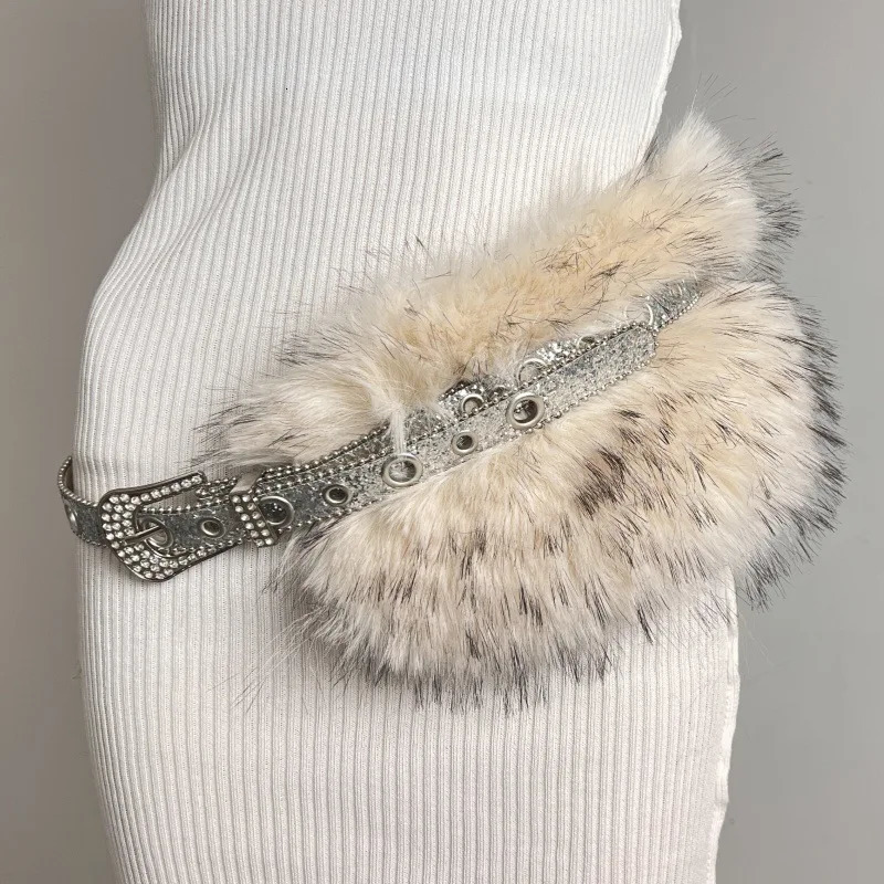Punk PU Studded Fur Belt Y2k Vintage Faux Fur Rhinestone Patchwork Belt Metal Plush Waist Chain Furry Waistband Jeans Belts 251024