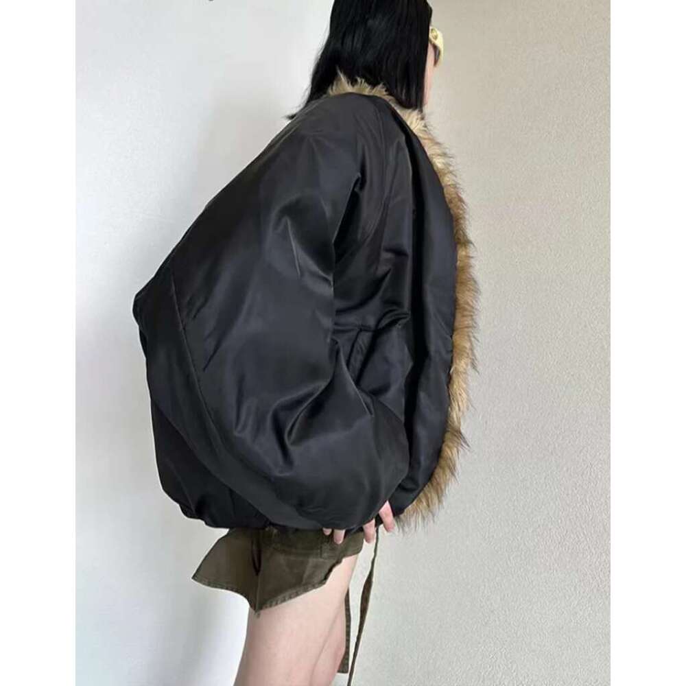 Jusahy Women Winter New Furry Solid Casual Street Chic Straight Classic Thicken Patchwork Turn Down Collar Padded Jacket NEW