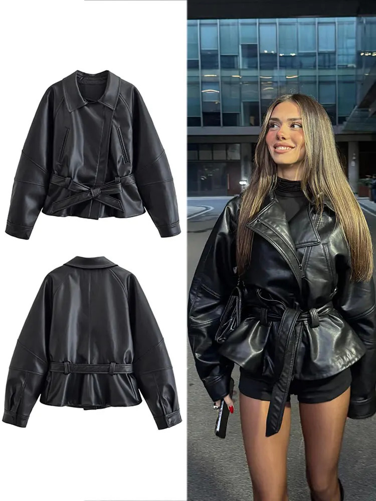 HH Women Fashion Black Short Faux Leather Trench Coat Long Sleeve Lapel Jacket With Belt Vintage Lady Motorcycle Jacket Outwear 251020