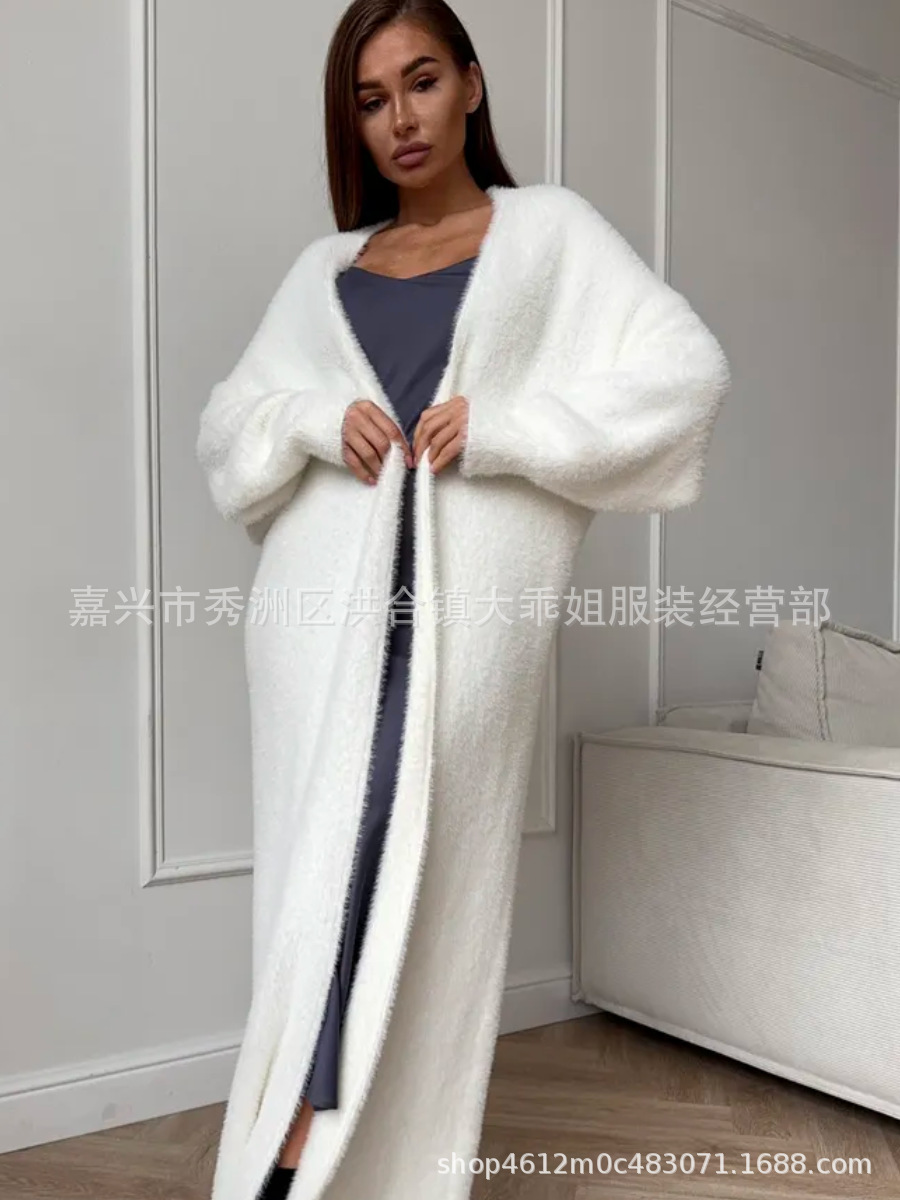 Hl235 White knitted cardigan autumn and winter loose plush fluffy long cardigan