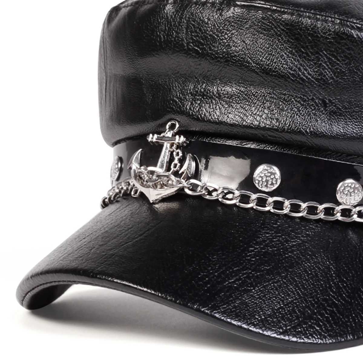 Unisex Ship Anchor Chain Buckle Leather Hat Spring Autumn Sailor Hats Black Beret C Men Flat Top Ctain Military Cs Y251025