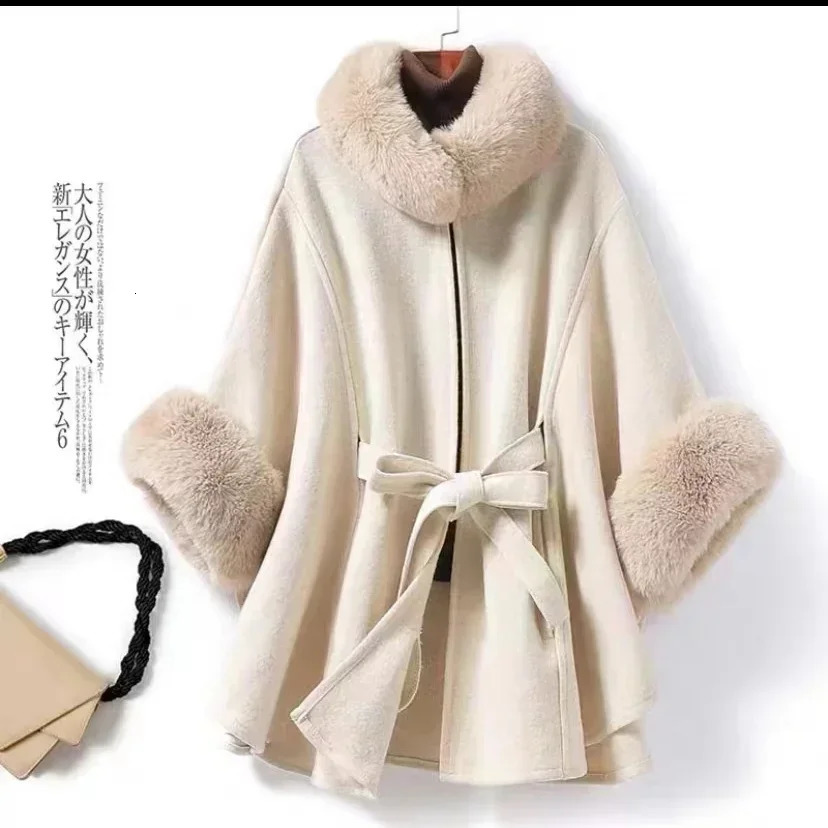 Womens Fur Coat Poncho Wool Warm Fashion Knitted Cloak With Fur Trim Faux Fur Poncho Cape goth Overcoat capas y ponchos 251024