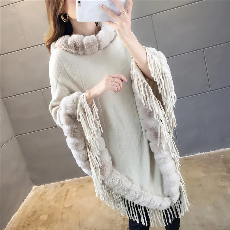 Autumn Winter Rabbit Fur Womens Coat Wool Collar Pullover Shawl Warmth Poncho Capes Red Cloaks 251024