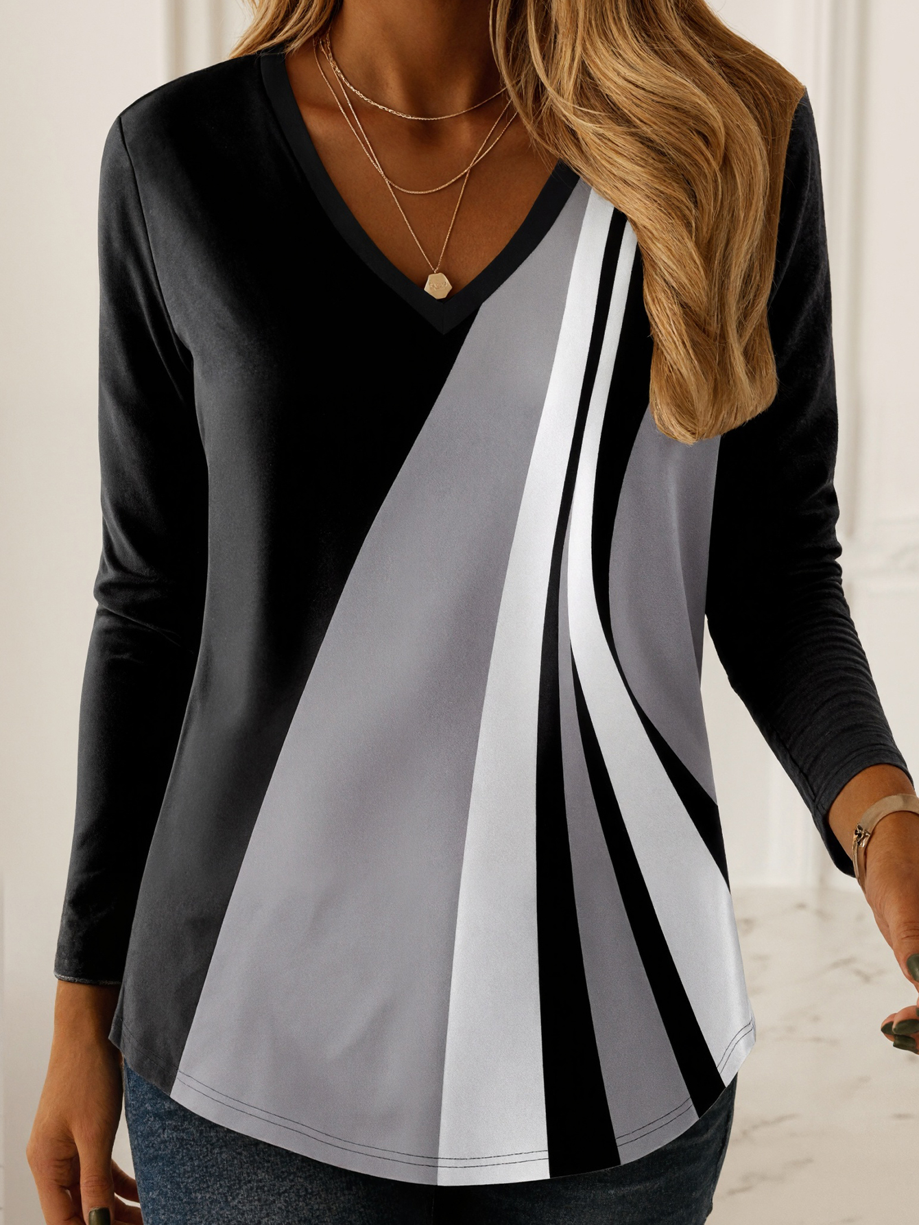 Autumn Winter Women's Fashion Printed Long Sleeve V-Neck Top, Milk Silk Commute Mom Style Casual Home Daily Wear Tunic, S-XXL Mixed Color-CF56267