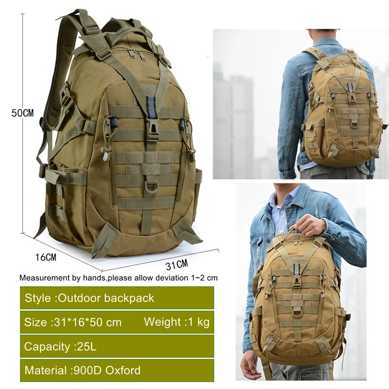 25L 900D Nylon Waterproof Backpack Outdoor Military Rucksacks Tactical Sports Camping Hiking Trekking Fishing Hunting Bag 251021