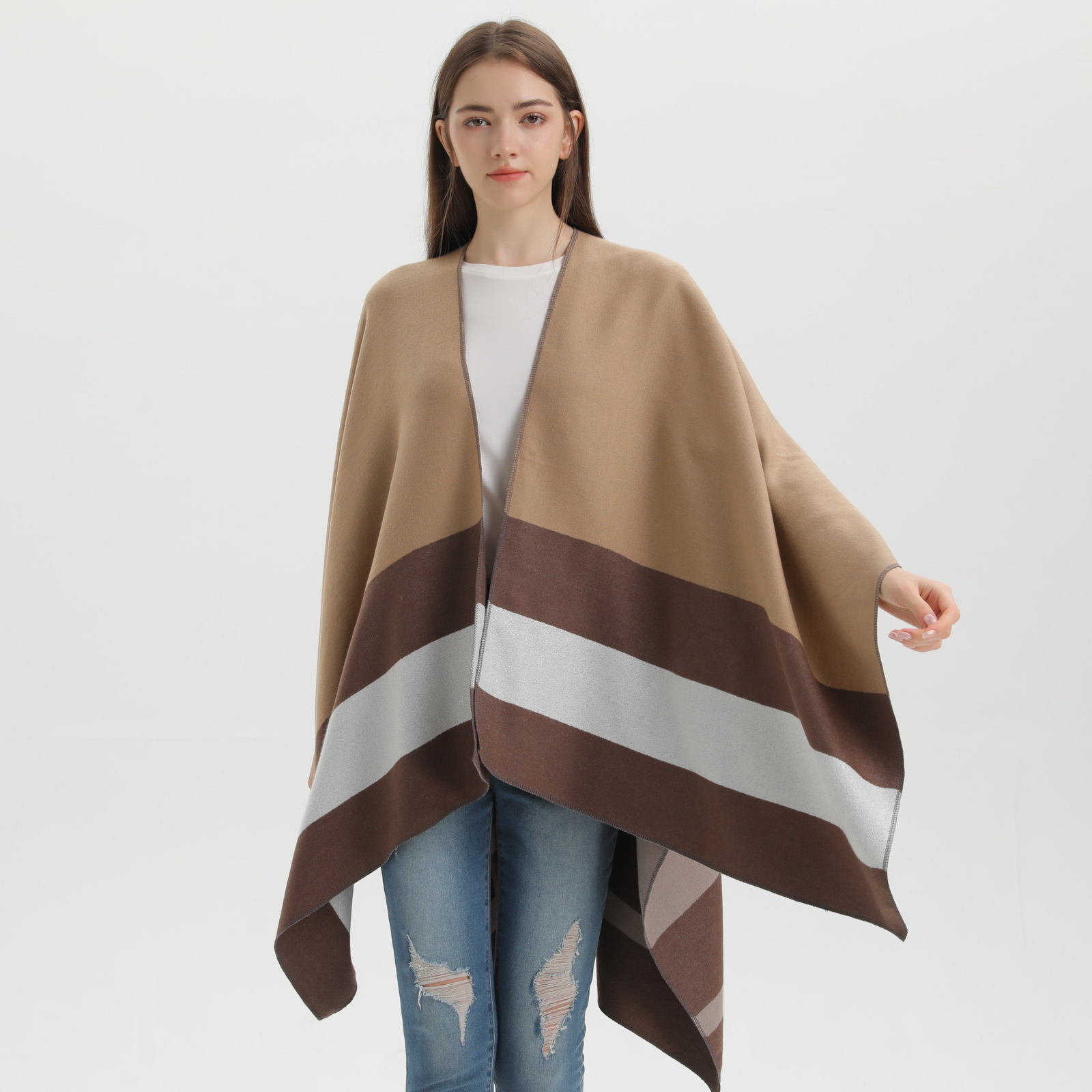 New DoubleSided Scarf Shawl Fashion Striped Cape Womens Outerwear Warm Cardigan