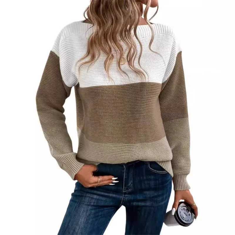 New Autumn Winter Knitted Sweater Womens Contrast Color Splicing Round Neck Long Sleeve Pullover TopT251025