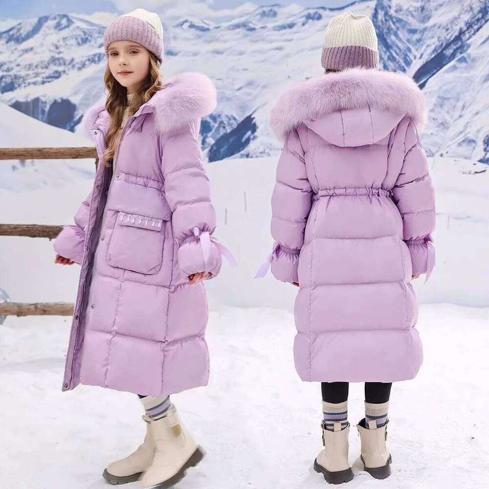 Winter Warm Girls Fashion Long Plain Fur Hooded Zip Puffer Jackets School Kid Thick Snow Coat Children Outfit Windbreaker 5-16Yr