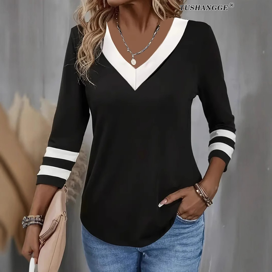 American Style 2025 New Casual Fashion Trend Color Block Long Sleeve V-Neck T-Shirt