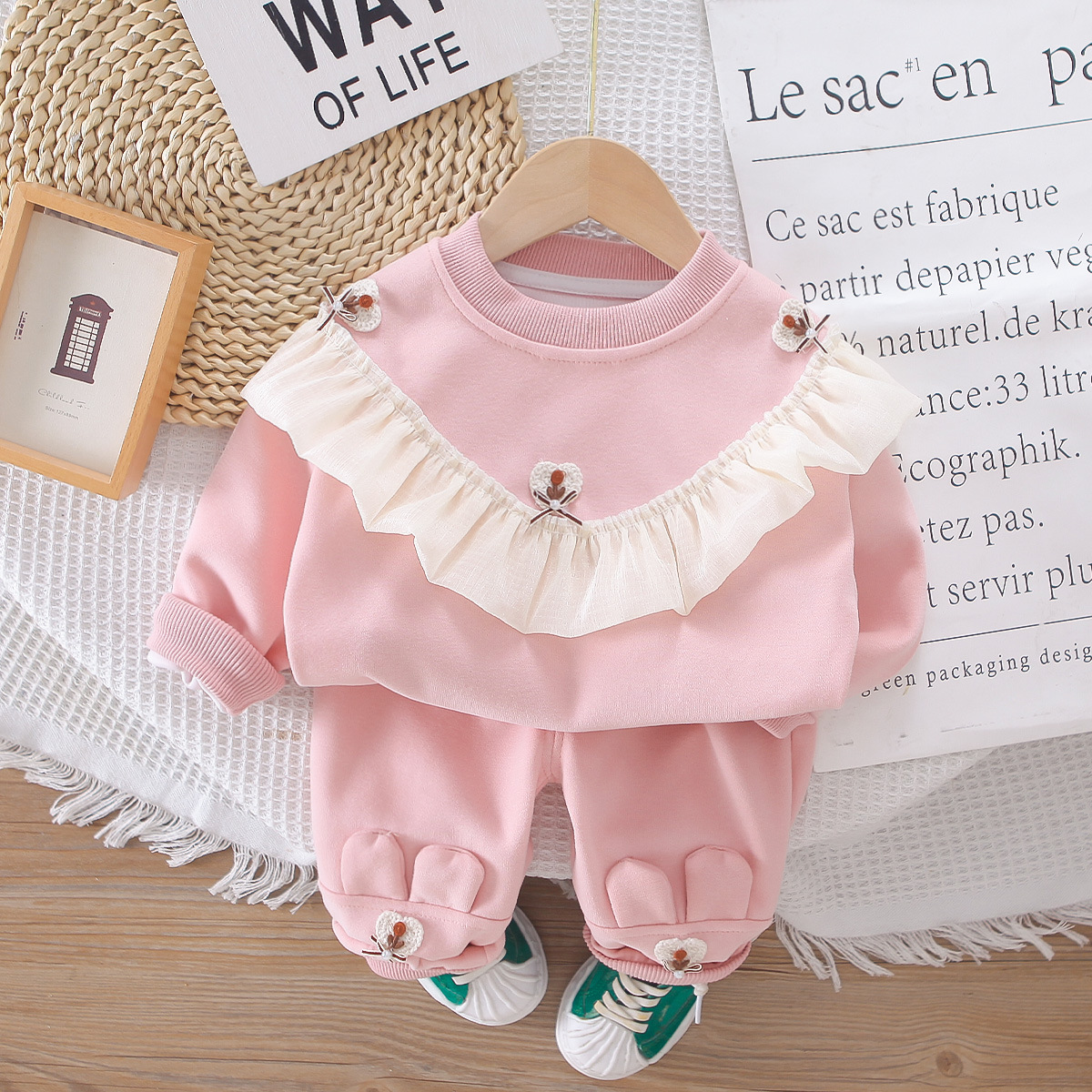 luxury kids clothing girls Girls' Spring Fall Patchwork Lace Hoodie Set, 2-Piece Long Sleeve Outfit for Toddler & Baby Girls