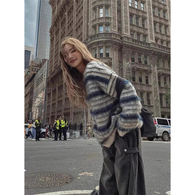 Harajuku Striped Sweater Women Vintage Long Sleeve Knitted Pullovers Winter Korean Patchwork Knitwears O Neck Casual Jumpers 251023