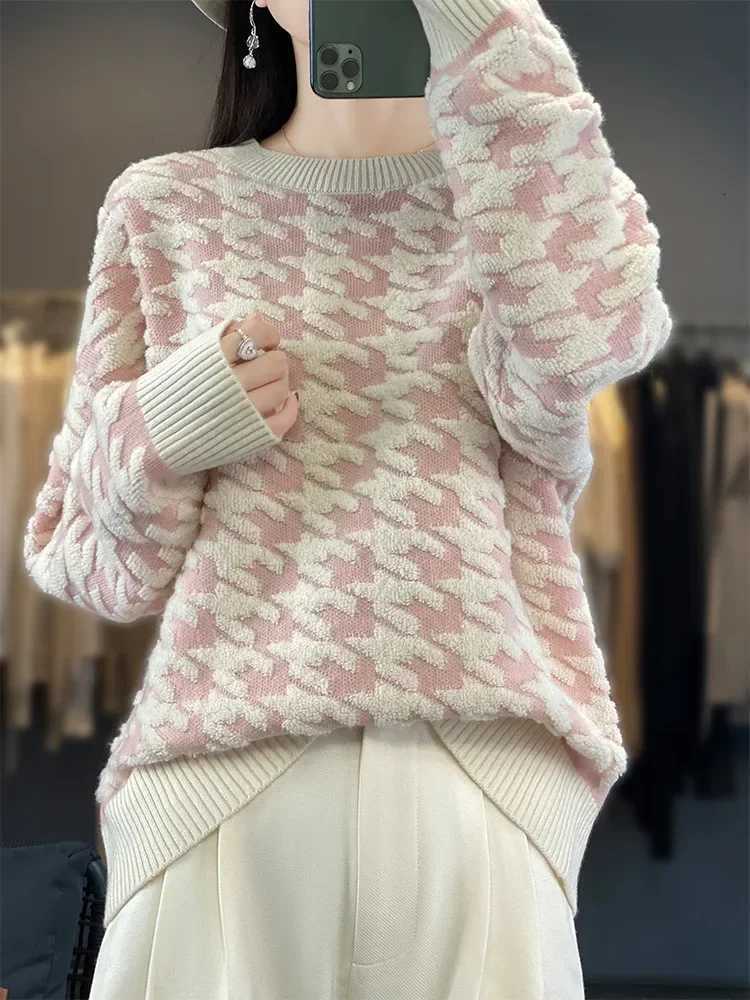 2025 Autumn Winter New Korean Version Round Neck Loose 100 Wool Houndstooth Pullover Sweater Knitted Base LayerT251025