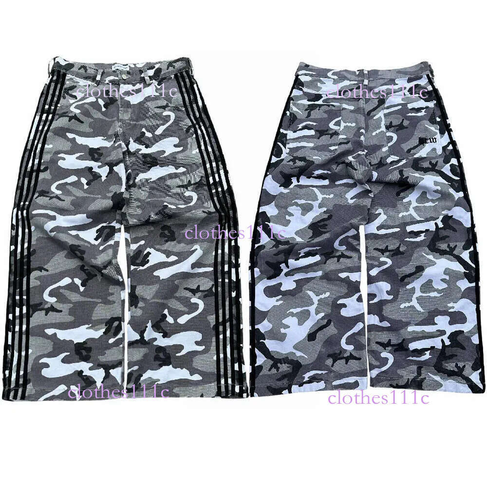 HCW Y2k Clothes Men Women Hip Hop Retro Tactical Camo Stripe Embroidered Baggy Jeans Low Rise Wide Leg Trouser