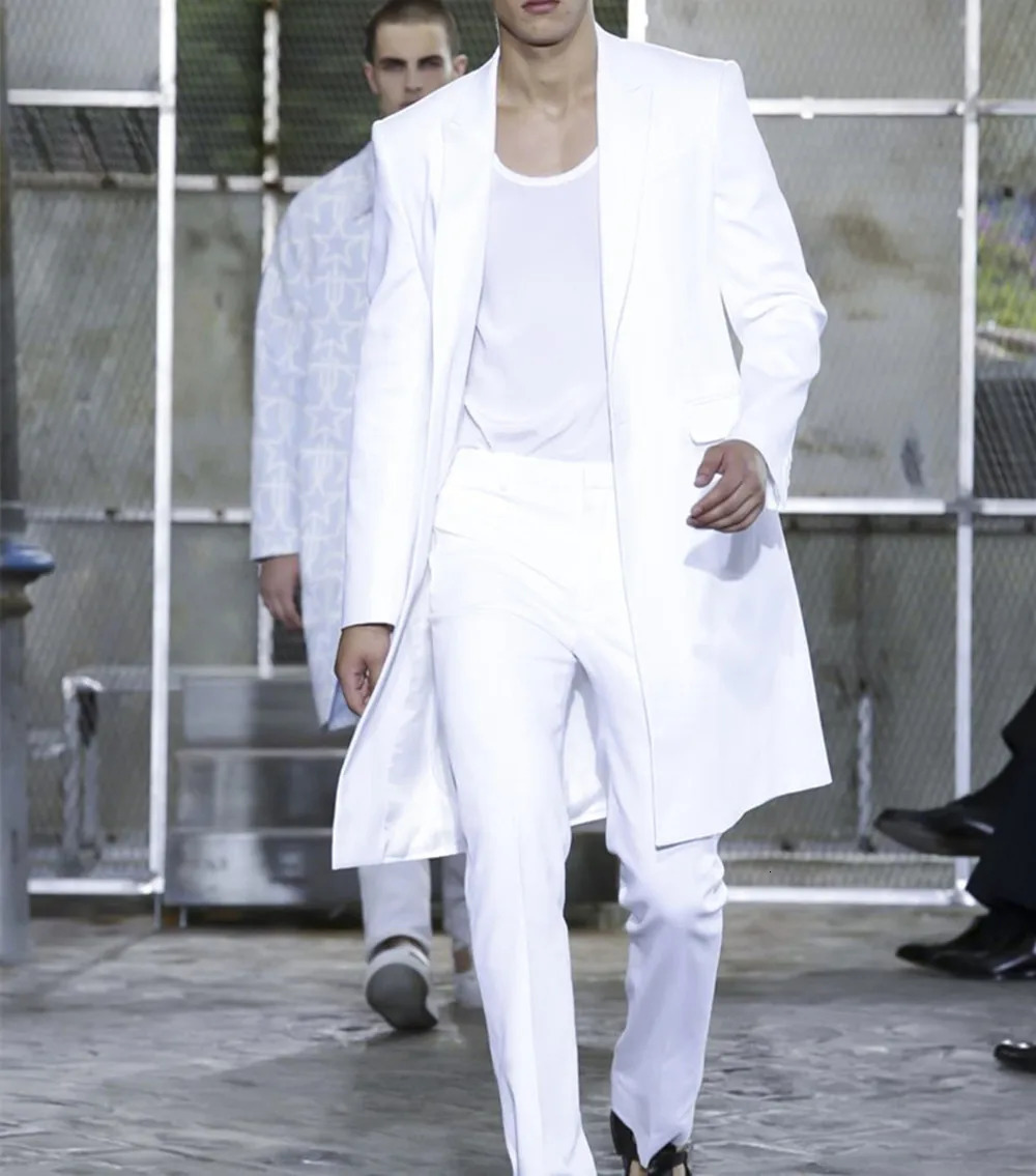 Summer Long Jacket White Trousers Groom Tuxedos Wedding Suits for Men Peaked Lapel Man Blazers 2 Pieces Coat Pants Prom 251020
