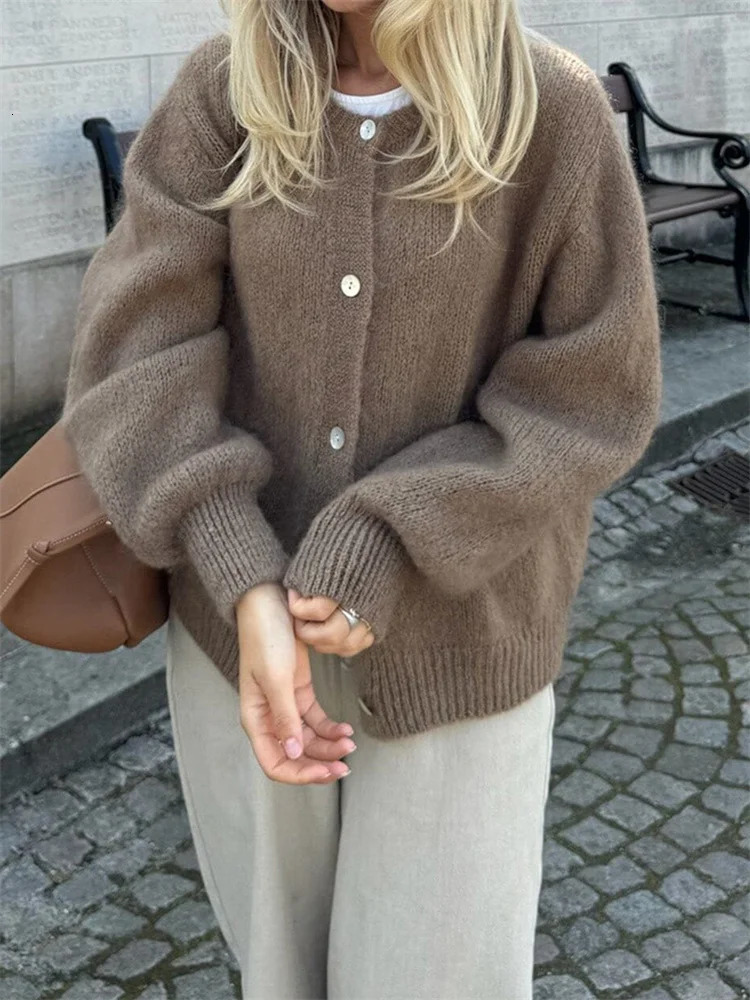 Womens Knit Outerwear Solid Color Cardigan Fuzzy Long Sleeve Button Down Sweater Soft Knit Tops 251021