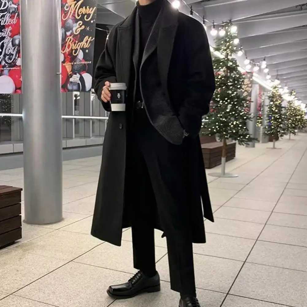 Korean Style Men Woolen Coat Lapel Double Breasted Midlength Woolen Coat 2024 Spring Fashion Trench Coat Windproof Woolen CoatsT251025