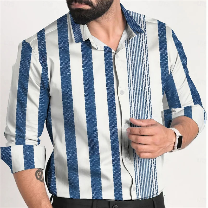 Plaid Business Casual Mens Printed Shirt Formal Spring Summer Lapel Long Sleeve Blue XS6XL FourWay Stretch Fabric Shirt 251020