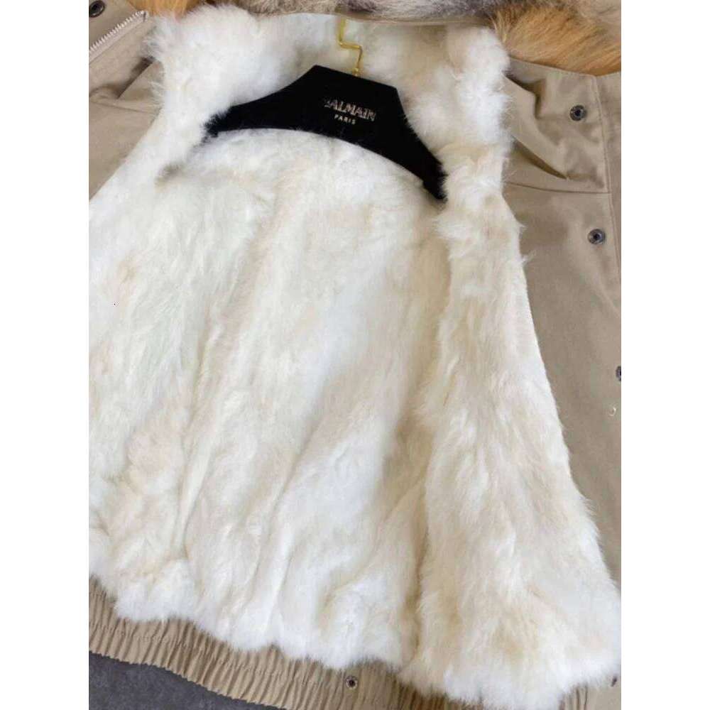 2025 Balck Winter Women New Fur Collar Liner Real Rabbit Hair Multi Pocket Short Jacket Cotton Hooded Casual Coat