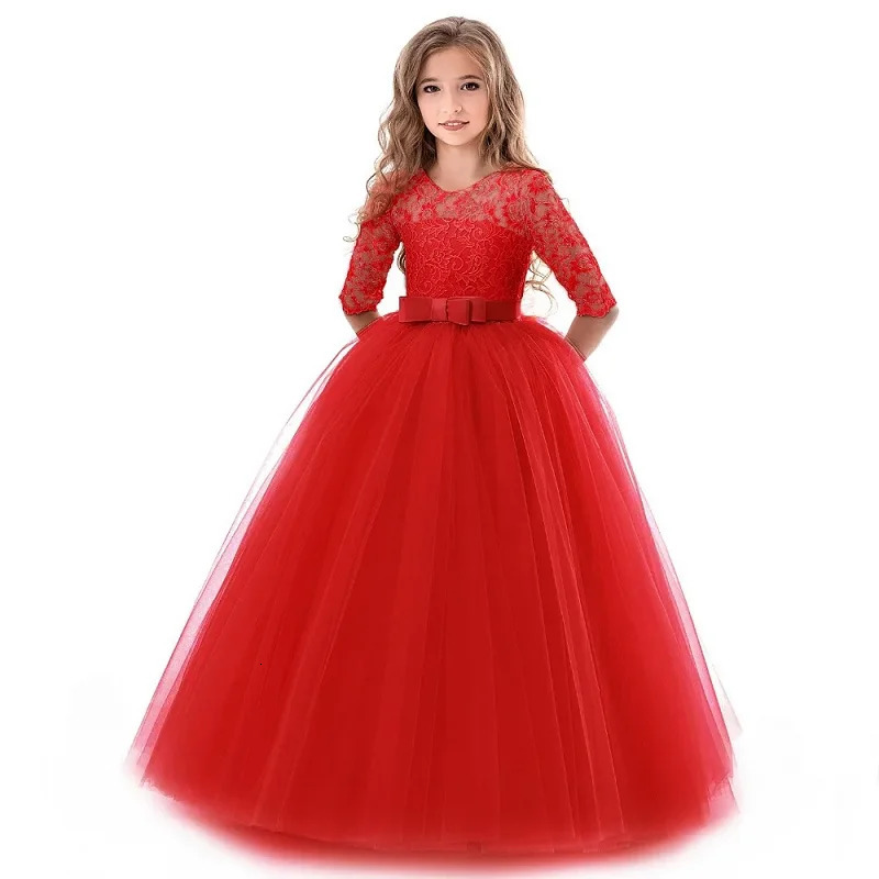 Girls Dress 414 Year Old Girls Bow Long Sleeve Princess Dress Lace Long Mesh Dress Wedding Dress Flower Girl PerformanceDress 251023