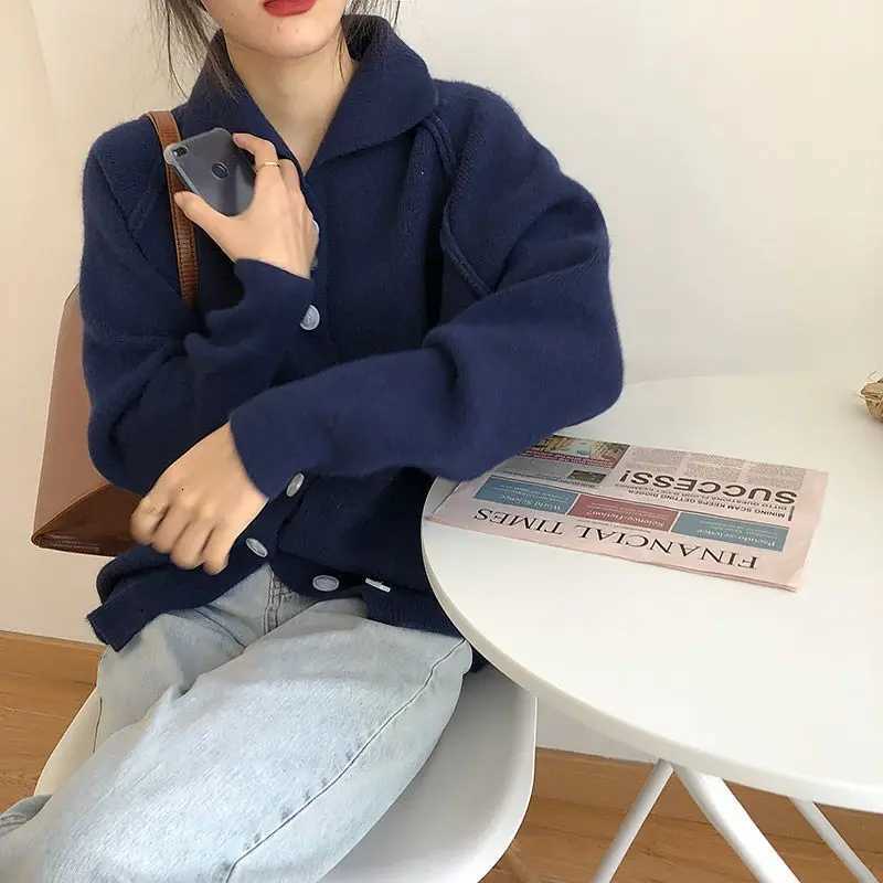Women Clothing Autumn Winter Fashion Korean Button Solid Color Turndown Collar Knitting Female Temperament Sweater Cardigan CoaT251025