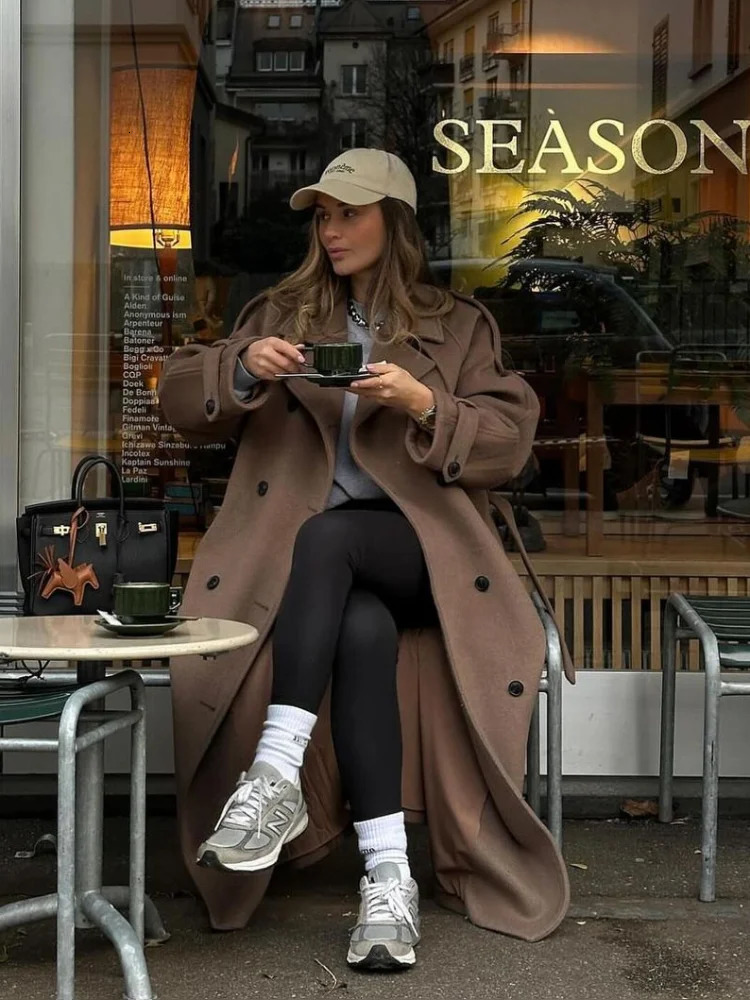Fashion Belted Mini Maxi Overcoat For Women Elegant Lapel Wide Shoulder Single Breasted Jacket Lady Autumn Winter Outerwear 251013