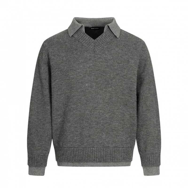 Mens Gray Polo Collar VNeck Sweater 2025 Autumn New Business Style Casual Knitted TopT251025