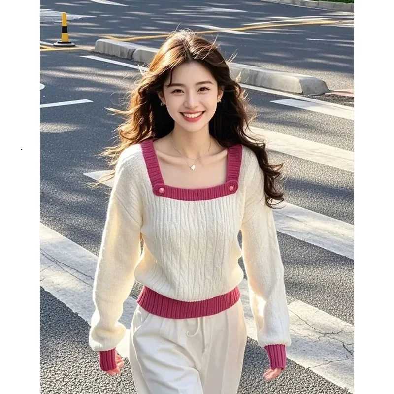 Women Clothing Spring Autumn Fashion Korean Screw Thread Color Blocking Knitting Square Collar Female Appear Thin Sweater PullovT251025