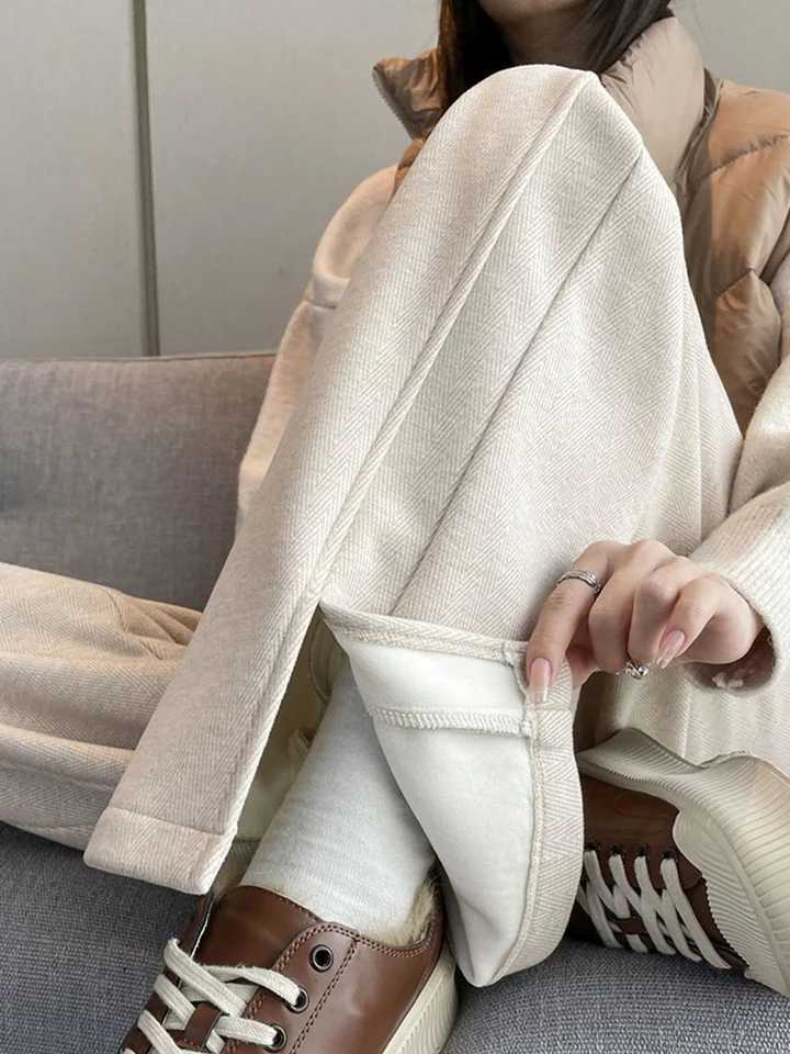 Women Wide Leg Pants Simple Office Lady Plush Thicken Autumn Winter Harem Trouser Solid Casual Harajuku Female Lace Up Pants NewT251025