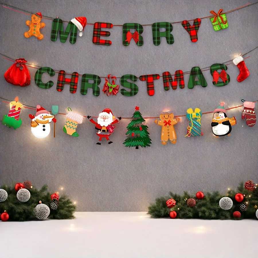 1set Merry Christmas Banners Decoration Santa Claus Snowman Paper Hanging Banner Red Green Xmax Pendant Christmas Decorations C251024