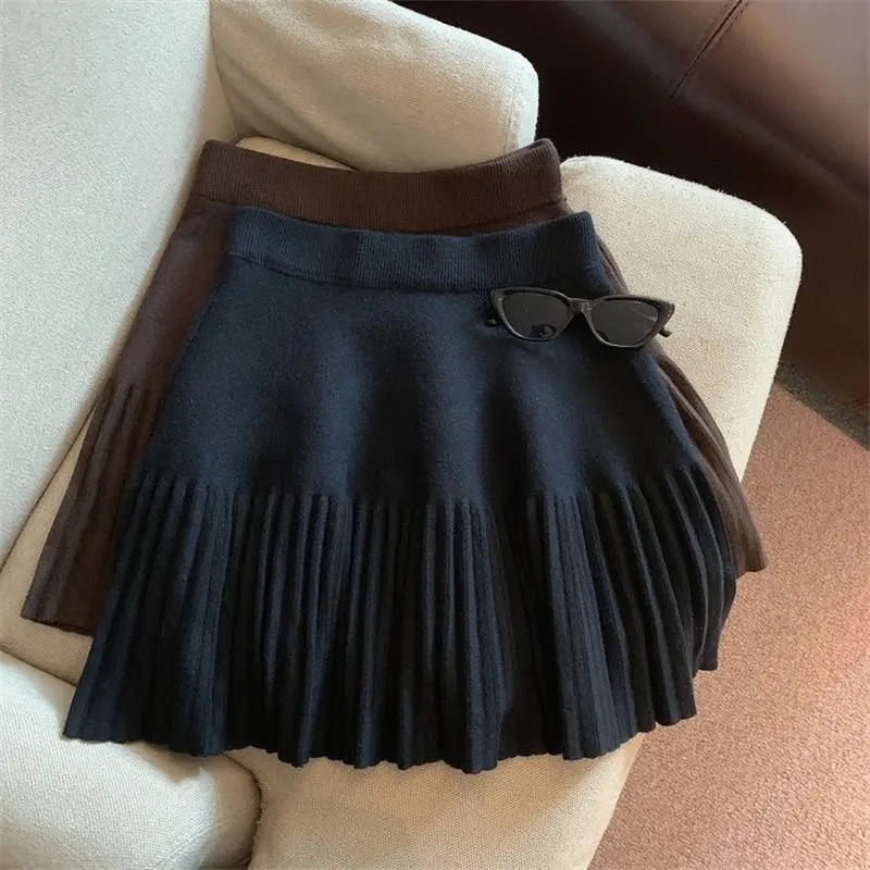 Pleated Mini Skirts Korean Sweet Knitted Skirts Sweet Elastic Waist Ladies Casual Youthful For Womens Clothes Solid Fashion 251013